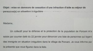 Extrait d'un courrier adressé par la mairie de Chirongui à des habitants du village de Poroani