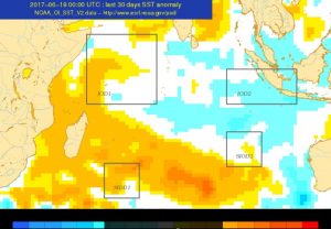 Tempétature de l'océan comparée aux normales sur les 30 derniers jours. En orange et rouge des températures supérieures aux normales (source: Météo France)