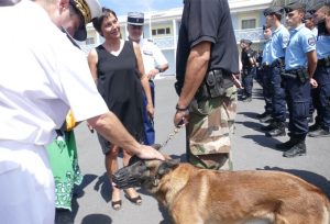 Bonne entente entre le préfet Frédéric Veau et le chien de la gendarmerie lors de la visite ministérielle